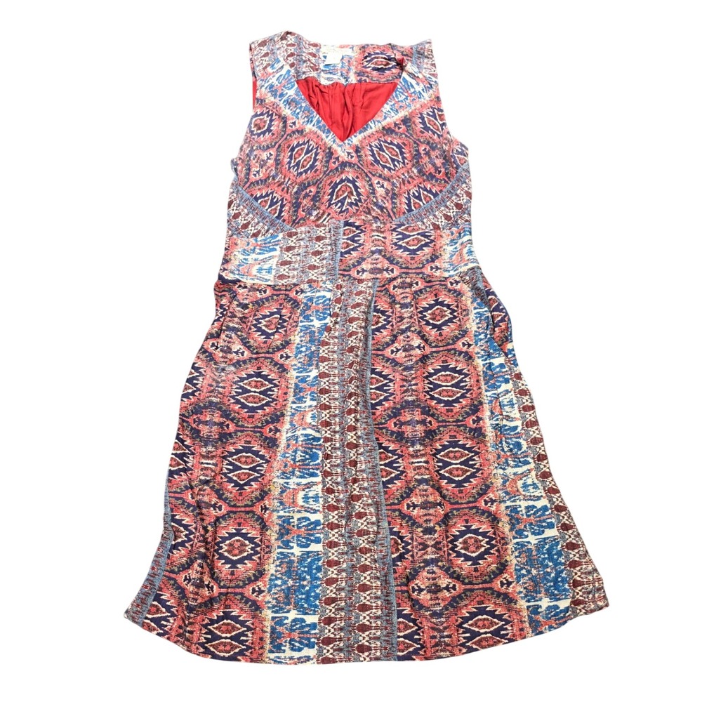 Lucky Brand Sleeveless Midi Dress Women's Size S Red Blue Ikat Patchwork Pockets